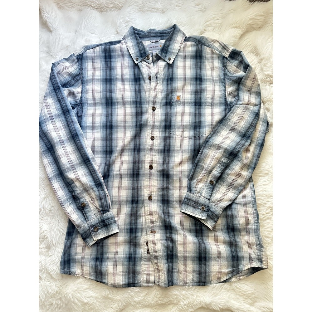 Carhartt Men's Regular Fit L/S Plaid 100% Cotton Shirt Size Large Button Up blue